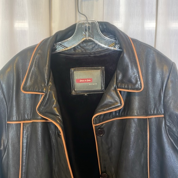 Black with Tan Trim Long Leather Jacket - Picture 4 of 14